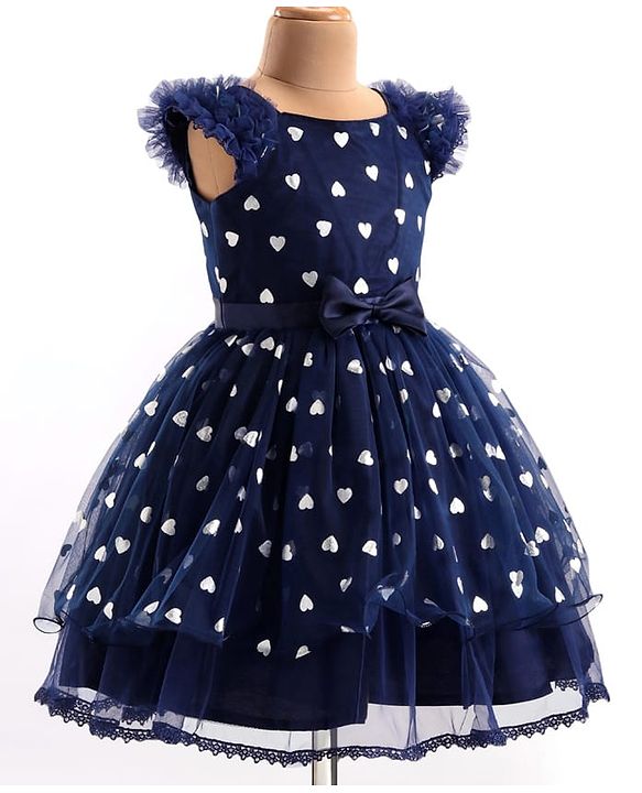 Pine Kids Woven Frill Sleeves Party Dress with Bow Applique Hearts Print - Navy Blue