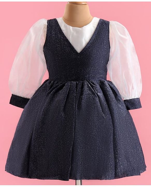 Pine Kids Woven Full Volume Sleeves Shimmer Party Dress - White & Navy Blue