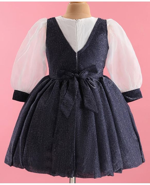 Pine Kids Woven Full Volume Sleeves Shimmer Party Dress - White & Navy Blue