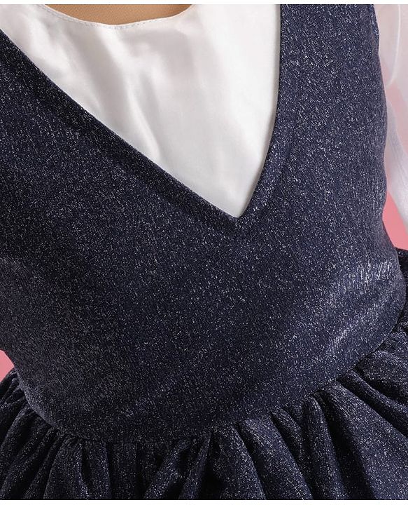 Pine Kids Woven Full Volume Sleeves Shimmer Party Dress - White & Navy Blue
