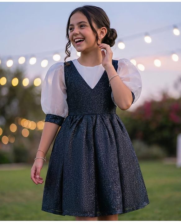 Pine Kids Woven Full Volume Sleeves Shimmer Party Dress - White & Navy Blue