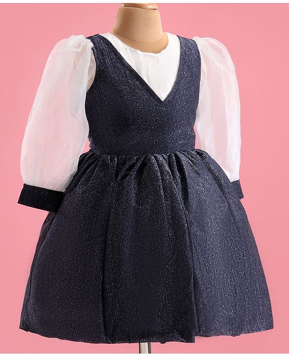 Pine Kids Woven Full Volume Sleeves Shimmer Party Dress - White & Navy Blue