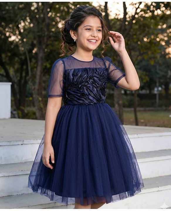 Pine Kids Woven Puffed Sleeves Party Dress - Navy Blue