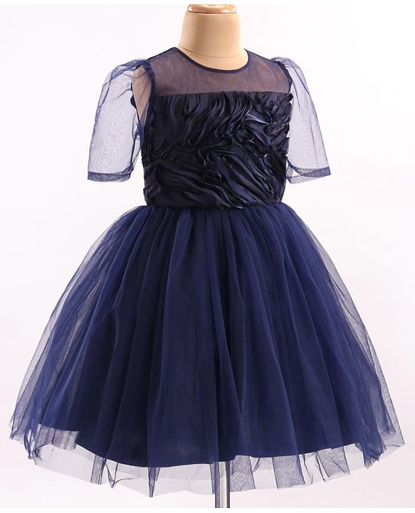 Pine Kids Woven Puffed Sleeves Party Dress - Navy Blue
