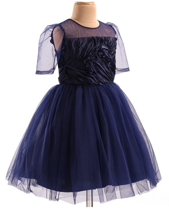 Pine Kids Woven Puffed Sleeves Party Dress - Navy Blue