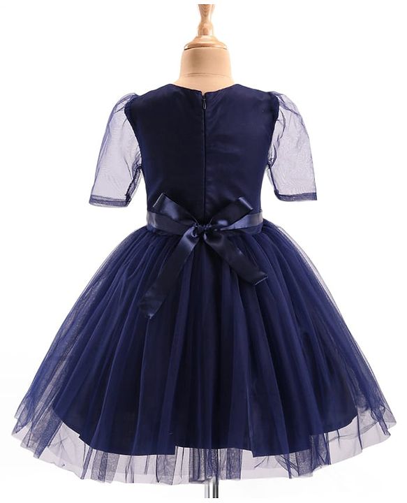 Pine Kids Woven Puffed Sleeves Party Dress - Navy Blue