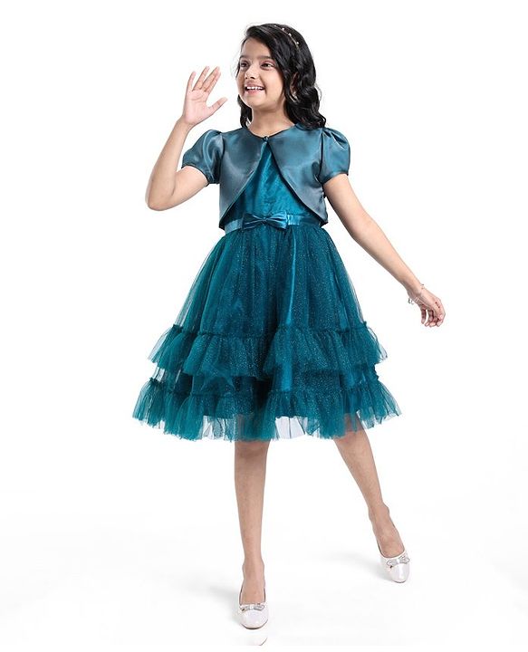 Pine Kids Woven Puffed Sleeves Jacket with Gilttery Tiered Party Dress  Bow Applique - Teal Blue