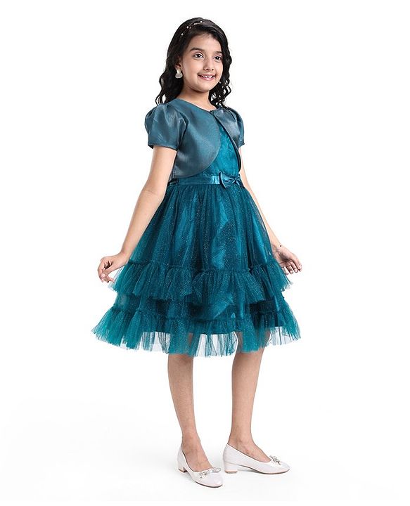 Pine Kids Woven Puffed Sleeves Jacket with Gilttery Tiered Party Dress  Bow Applique - Teal Blue