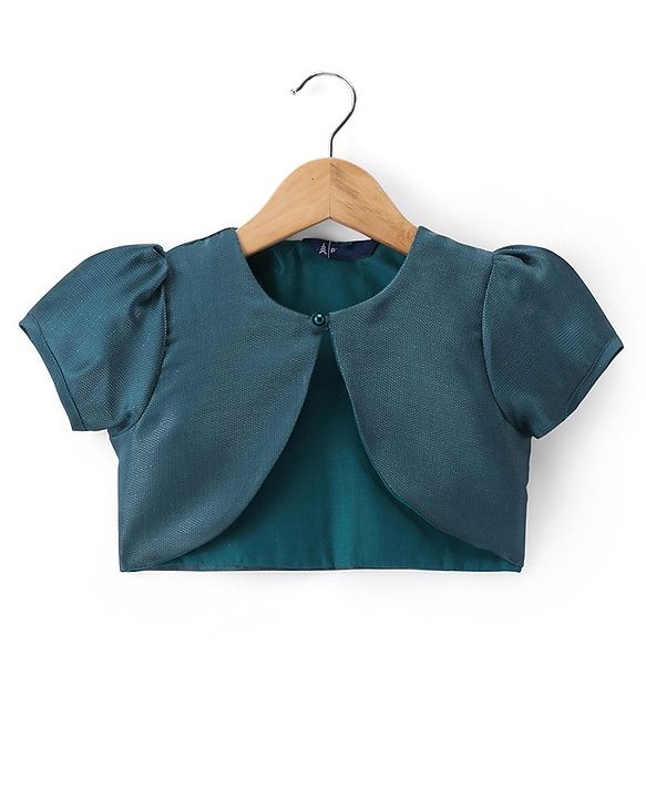 Pine Kids Woven Puffed Sleeves Jacket with Gilttery Tiered Party Dress  Bow Applique - Teal Blue