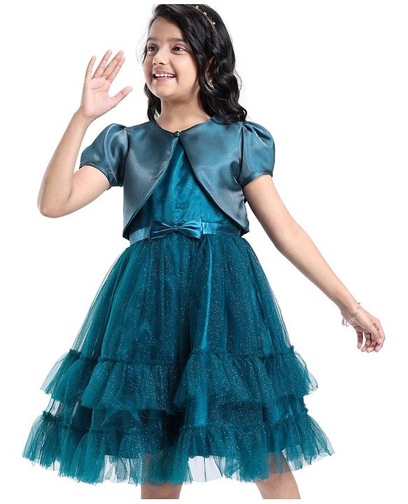 Pine Kids Woven Puffed Sleeves Jacket with Gilttery Tiered Party Dress  Bow Applique - Teal Blue