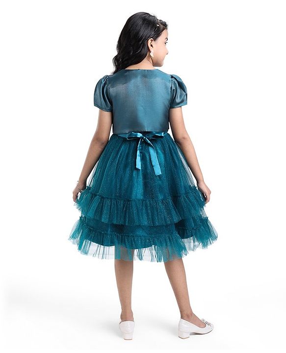 Pine Kids Woven Puffed Sleeves Jacket with Gilttery Tiered Party Dress  Bow Applique - Teal Blue