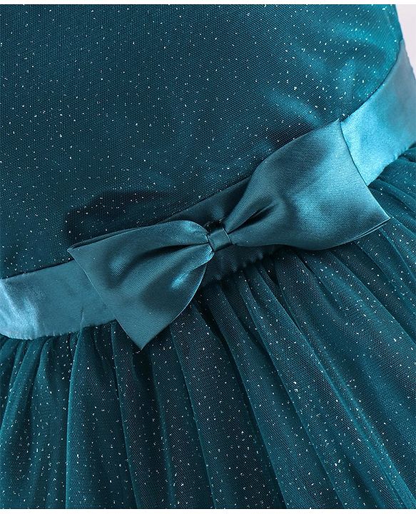 Pine Kids Woven Puffed Sleeves Jacket with Gilttery Tiered Party Dress  Bow Applique - Teal Blue