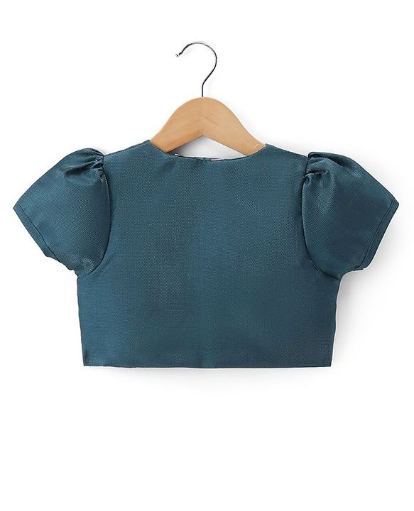 Pine Kids Woven Puffed Sleeves Jacket with Gilttery Tiered Party Dress  Bow Applique - Teal Blue