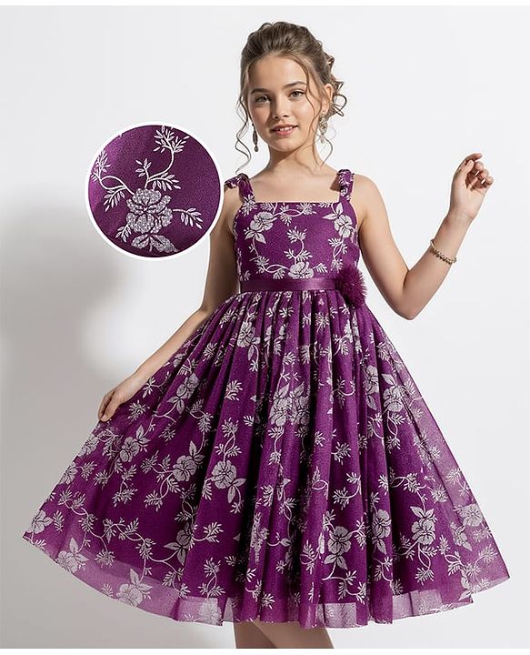 Pine Kids Woven Sleeveless Gown with Corsage Applique Floral Print - Boysenberry Purple