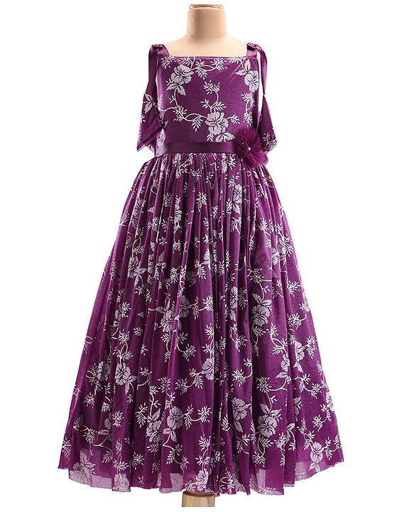 Pine Kids Woven Sleeveless Gown with Corsage Applique Floral Print - Boysenberry Purple