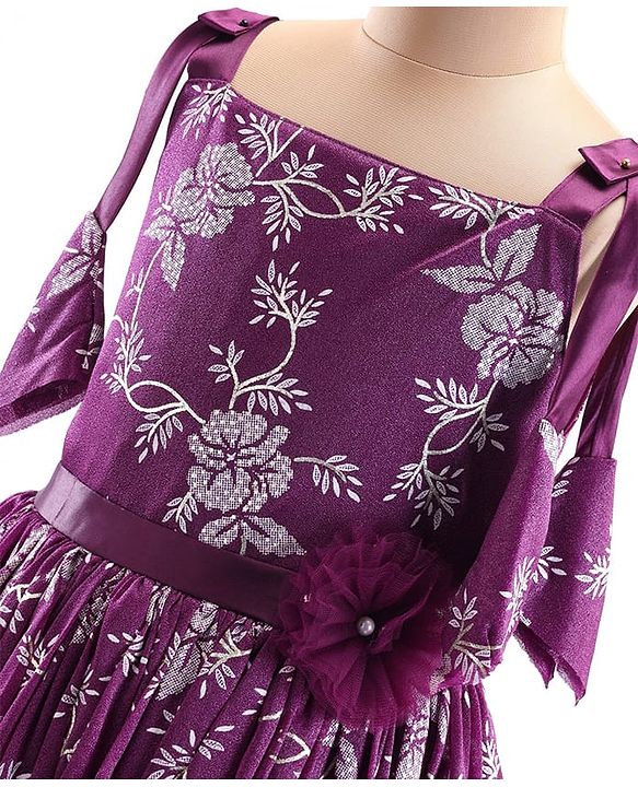 Pine Kids Woven Sleeveless Gown with Corsage Applique Floral Print - Boysenberry Purple
