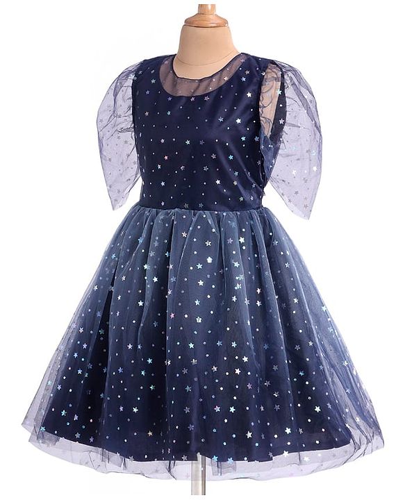 Pine Kids Woven Half Sleeves Party Frock with Star Glitter Print - Navy Blue