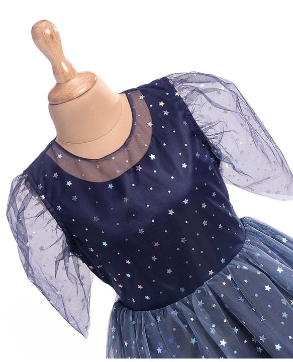Pine Kids Woven Half Sleeves Party Frock with Star Glitter Print - Navy Blue