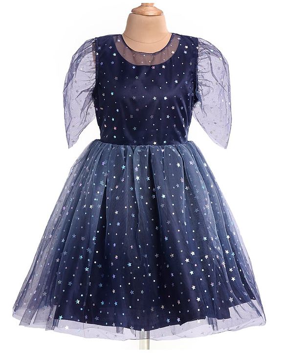 Pine Kids Woven Half Sleeves Party Frock with Star Glitter Print - Navy Blue