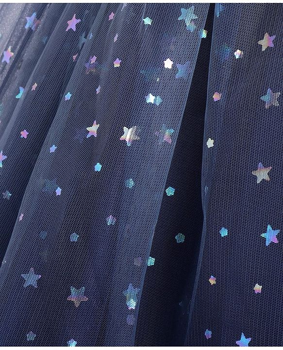 Pine Kids Woven Half Sleeves Party Frock with Star Glitter Print - Navy Blue