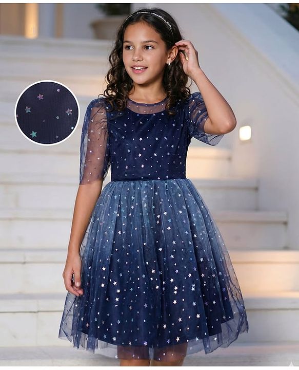 Pine Kids Woven Half Sleeves Party Frock with Star Glitter Print - Navy Blue