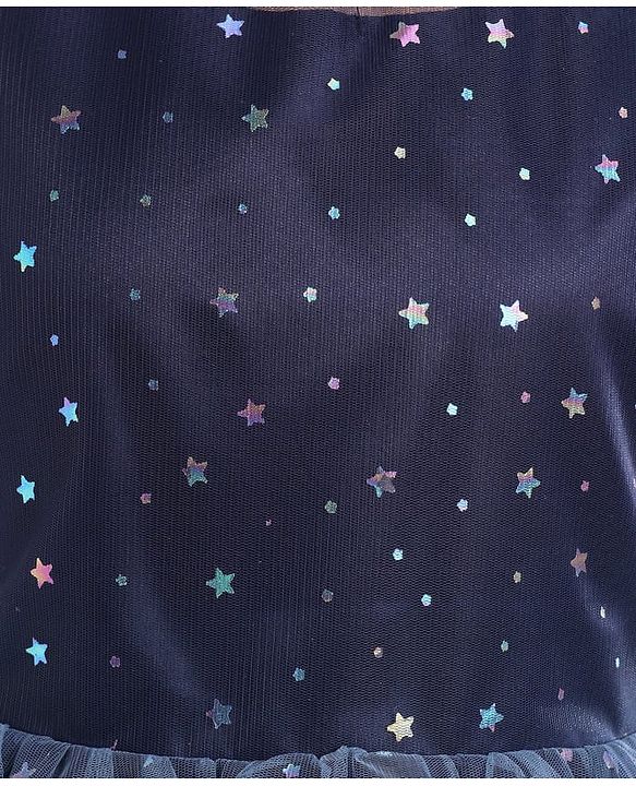 Pine Kids Woven Half Sleeves Party Frock with Star Glitter Print - Navy Blue