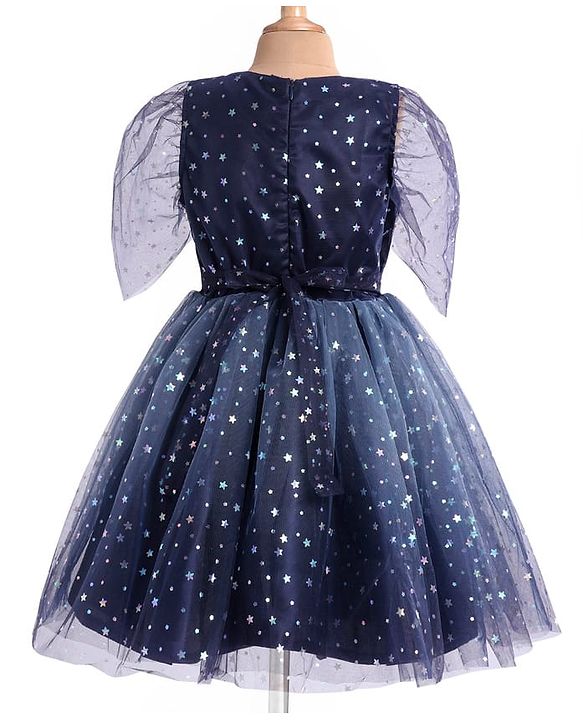 Pine Kids Woven Half Sleeves Party Frock with Star Glitter Print - Navy Blue