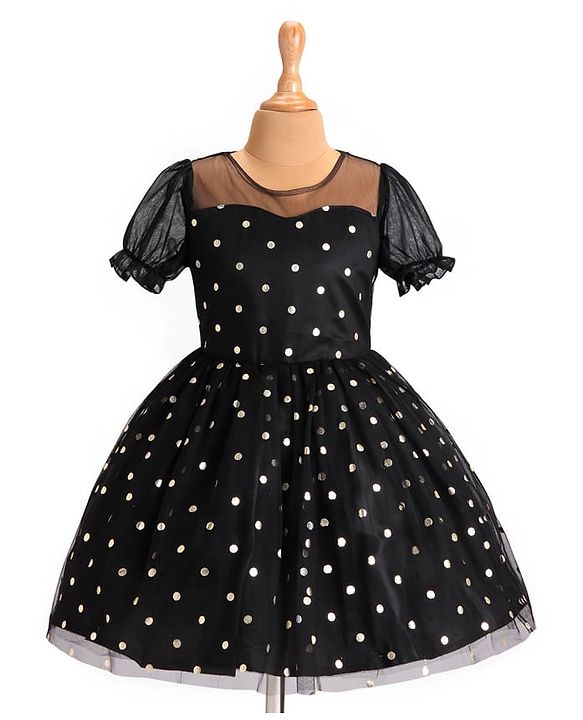 Pine Kids Woven Half Puffed Sleeves Party Frock with Polka Dots Foil Print - Black