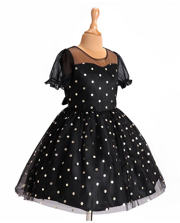 Pine Kids Woven Half Puffed Sleeves Party Frock with Polka Dots Foil Print - Black