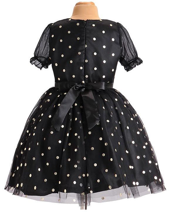 Pine Kids Woven Half Puffed Sleeves Party Frock with Polka Dots Foil Print - Black