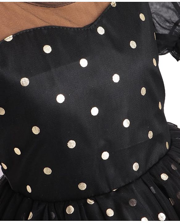 Pine Kids Woven Half Puffed Sleeves Party Frock with Polka Dots Foil Print - Black