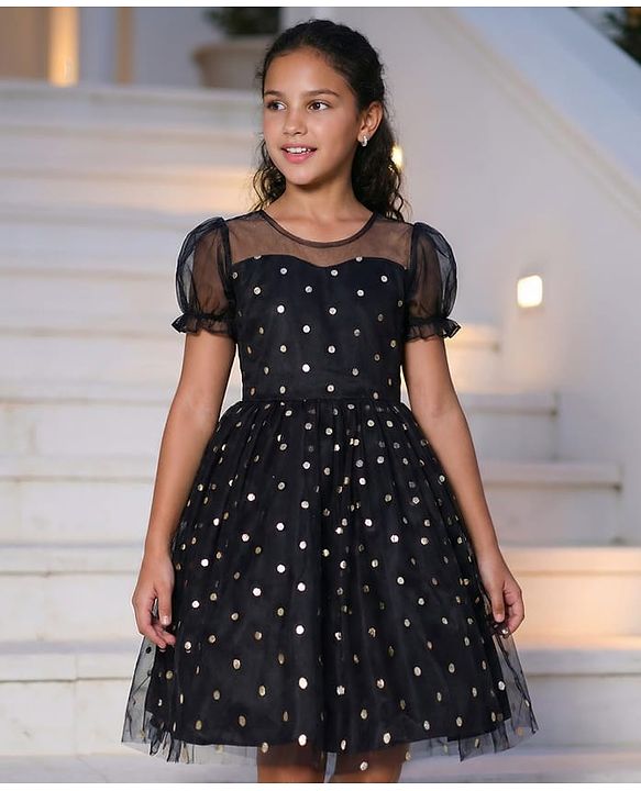 Pine Kids Woven Half Puffed Sleeves Party Frock with Polka Dots Foil Print - Black