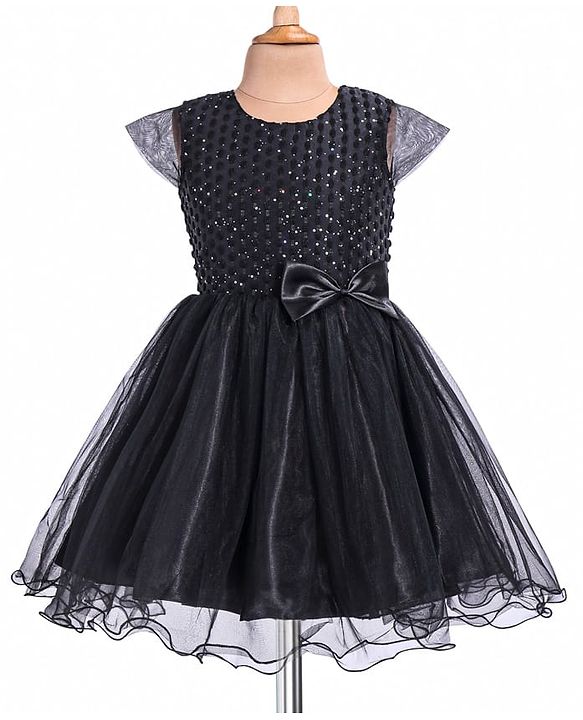 Pine Kids Woven Cap Sleeves Party Frock with Glitter Detailing & Bow Applique - Black