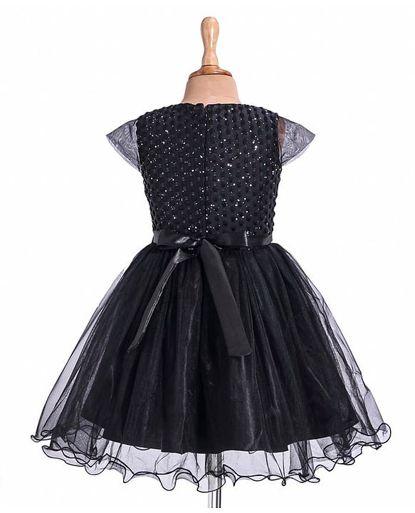 Pine Kids Woven Cap Sleeves Party Frock with Glitter Detailing & Bow Applique - Black