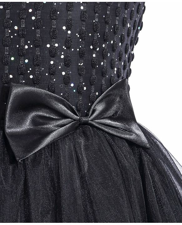 Pine Kids Woven Cap Sleeves Party Frock with Glitter Detailing & Bow Applique - Black