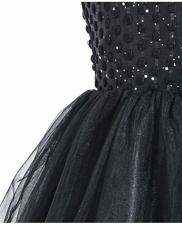 Pine Kids Woven Cap Sleeves Party Frock with Glitter Detailing & Bow Applique - Black