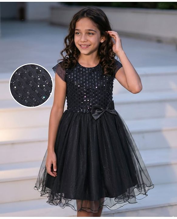 Pine Kids Woven Cap Sleeves Party Frock with Glitter Detailing & Bow Applique - Black