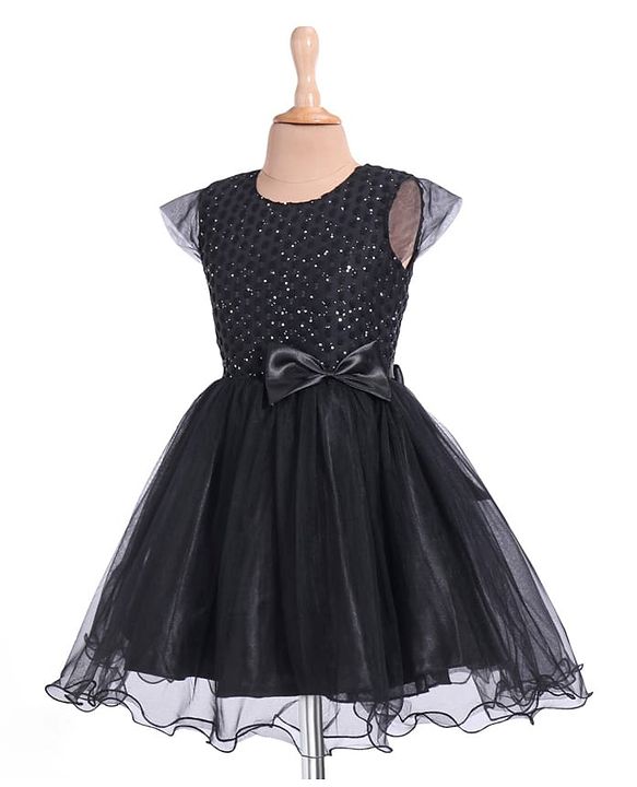 Pine Kids Woven Cap Sleeves Party Frock with Glitter Detailing & Bow Applique - Black