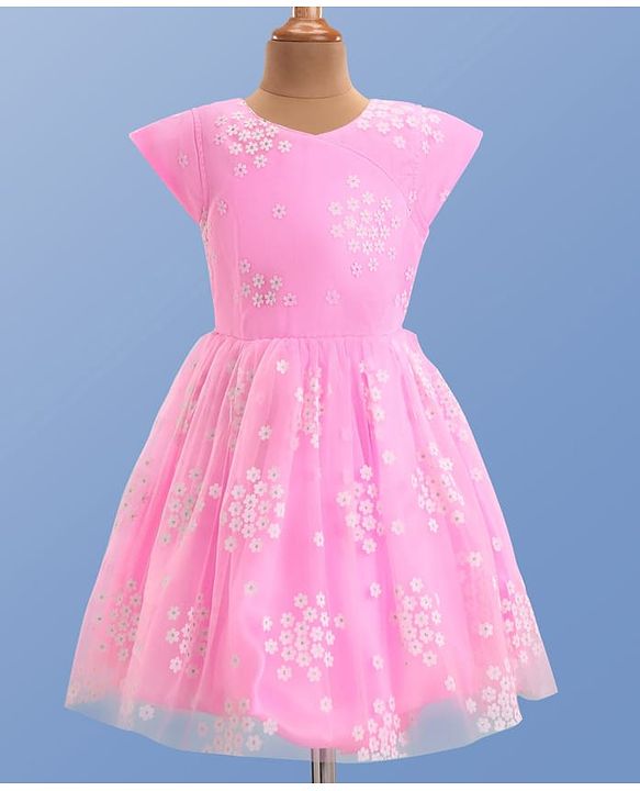 Pine Kids Woven Half Sleeves Floral Embroidered Party Frock - Pink
