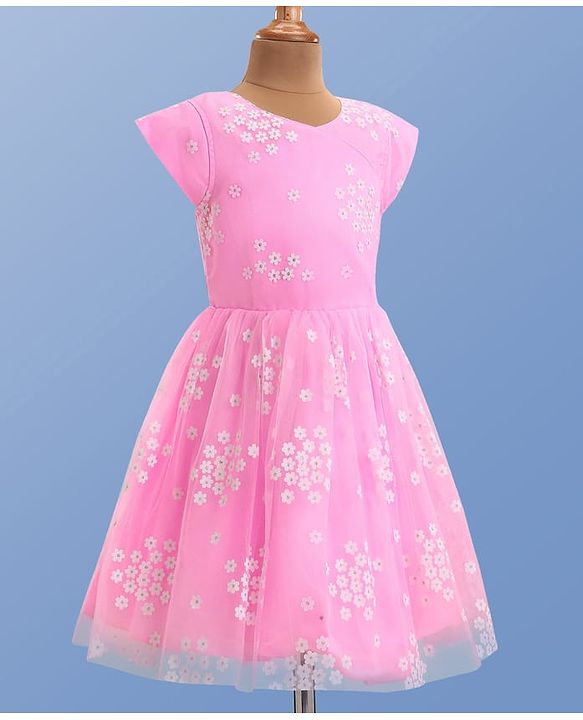 Pine Kids Woven Half Sleeves Floral Embroidered Party Frock - Pink