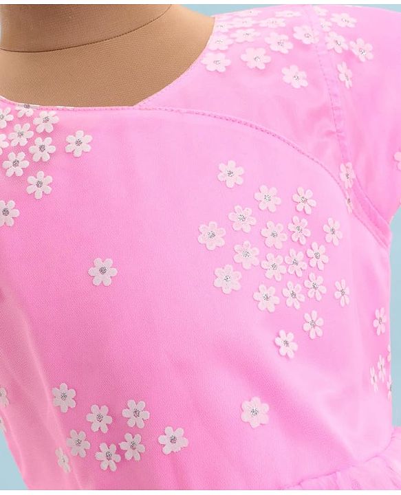 Pine Kids Woven Half Sleeves Floral Embroidered Party Frock - Pink