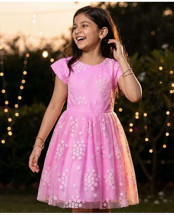 Pine Kids Woven Half Sleeves Floral Embroidered Party Frock - Pink