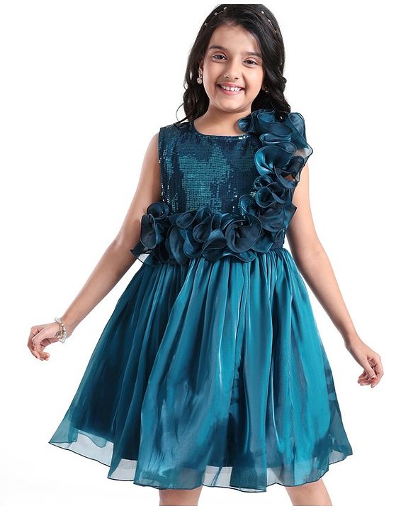 Pine Kids Woven Sleeveless Party Frock With Sequin & Frill Detailing - Teal Blue