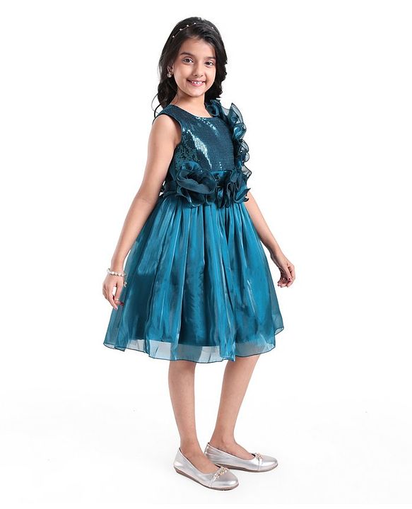 Pine Kids Woven Sleeveless Party Frock With Sequin & Frill Detailing - Teal Blue