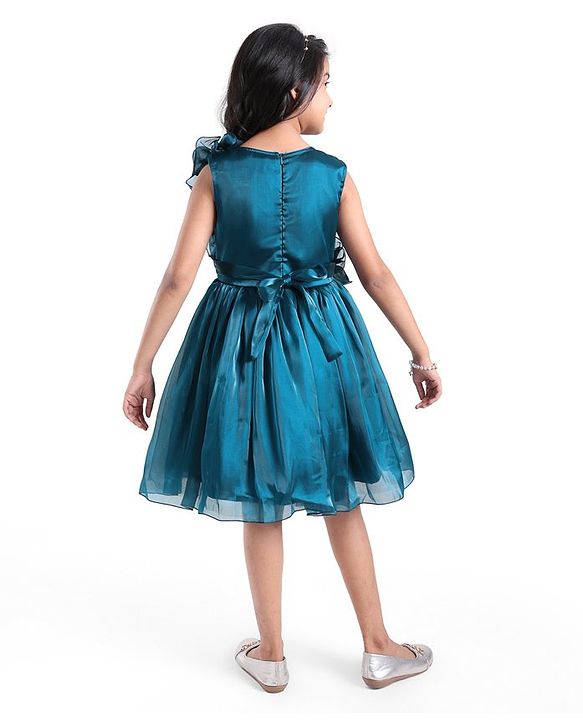 Pine Kids Woven Sleeveless Party Frock With Sequin & Frill Detailing - Teal Blue