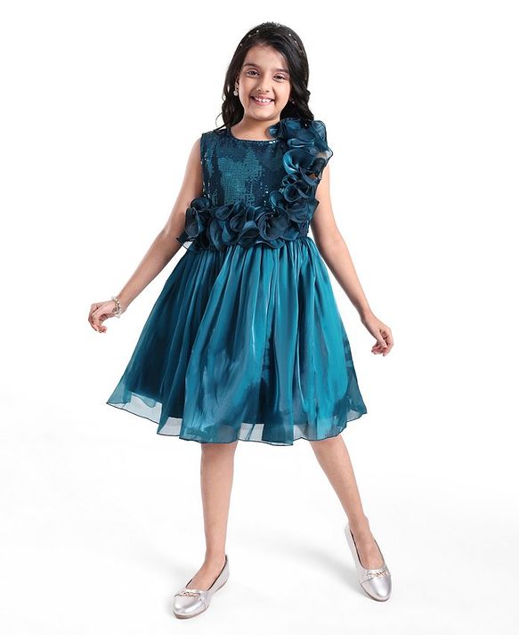 Pine Kids Woven Sleeveless Party Frock With Sequin & Frill Detailing - Teal Blue