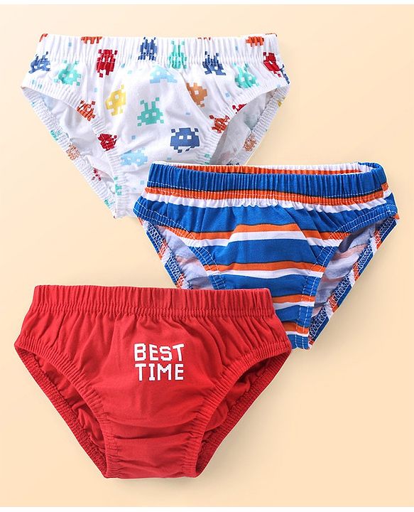 Babyhug 100% Cotton Antibacterial Briefs With Stripes & Robotic Print Pack of 3 - Blue White & Red