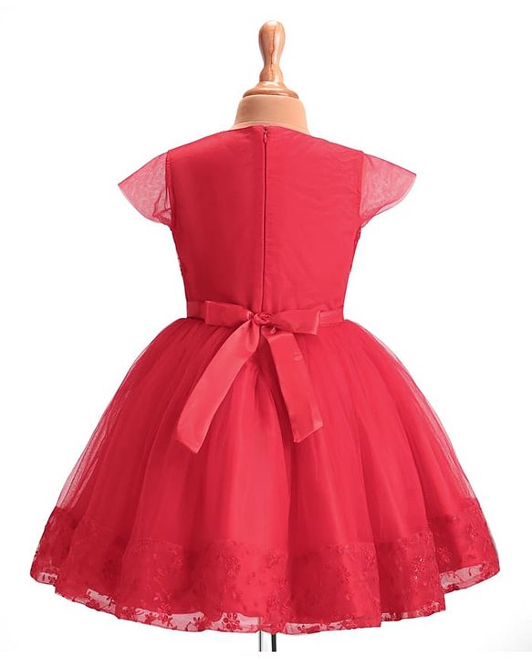 Pine Kids Woven Cap Sleeves Party Frock with Floral Embroidery - Red