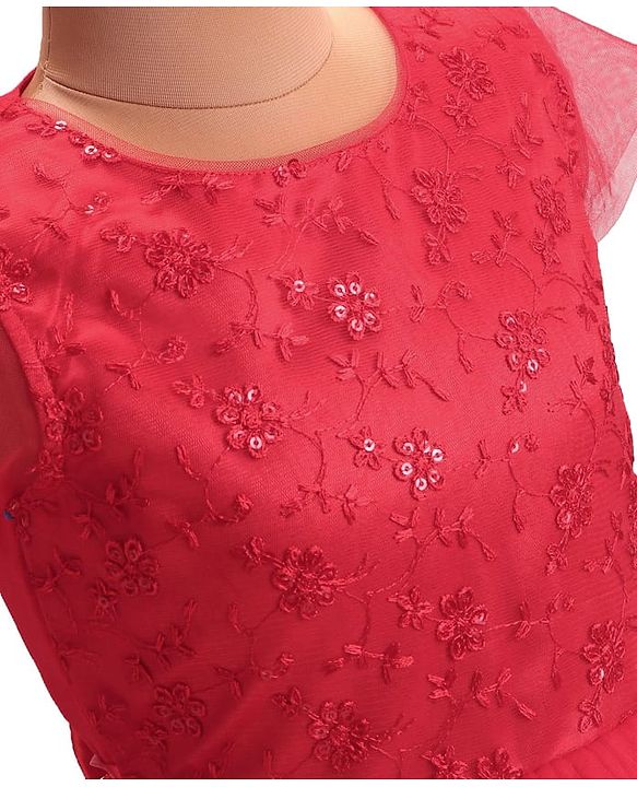 Pine Kids Woven Cap Sleeves Party Frock with Floral Embroidery - Red
