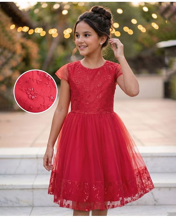 Pine Kids Woven Cap Sleeves Party Frock with Floral Embroidery - Red